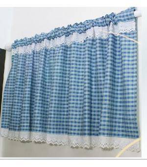 Blue Grid Window Curtains with Cute Lace D210