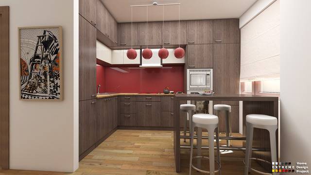 Интериорен дизайн на кухня с червено принт стъкло