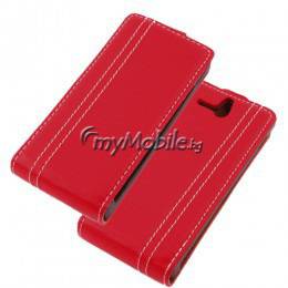 Вертикален кожен калъф (slim, Race) за Sony Xperia U ST25i – червен