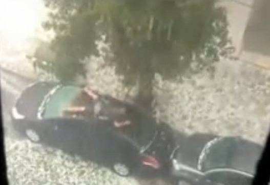 Луд пази колата от градушка с тялото си