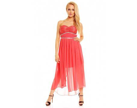 Официална дълга рокля без презрамки цвят корал