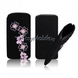 Велурен калъф с издърпване (с цветя) за Samsung I9300 Galaxy SIII – черен