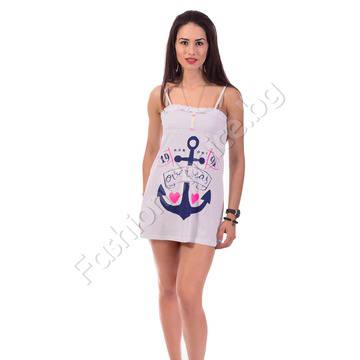 Бяла памучна рокля с тънки презрамки и котва
