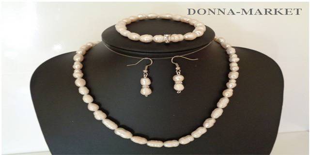 Изискано бижу! Комплект от три части – колие, гривна и обеци от естествени бели или розови перли на ТОП цена от Бижутерия…