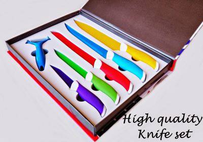 Оферта за: Комплект професионални цветни ножове и белачка с незалепващо покритие!