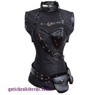 Черен Корсет Готик Стил Изкуствена Кожа и Дантела