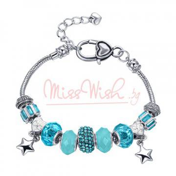 Гривна с Чешки кристали, мъниста и 2 висулки звездички – син