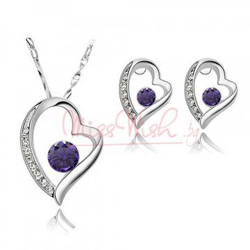 Позлатен комплект сърце с цирконий – колие и обеци – лилав