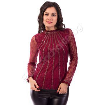 Луксозна дамска блуза с кожени ленти и дантелени ръкави