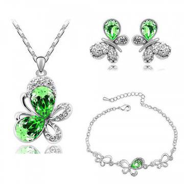 Комплект пеперуди с Австрийски кристал – колие, гривна и обеци – зелен