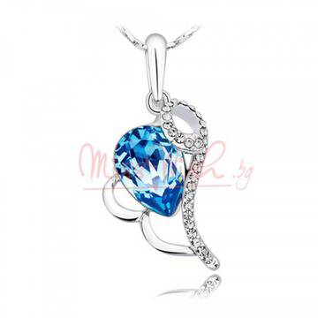 Колие Сърце за Нея с кристали Сваровски и 18к бяло златно покритие – син