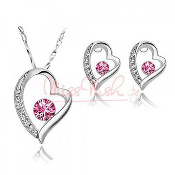 Позлатен комплект сърце с цирконий – колие и обеци – розов