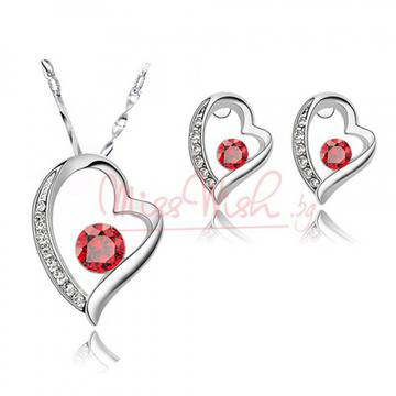 Позлатен комплект сърце с цирконий – колие и обеци – червен