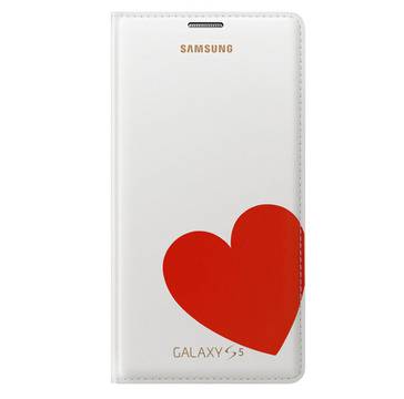 Samsung Flip Moschino – дизайнерски оригинален кожен калъф за Samsung Galaxy S5 SM-G900 (бял-червено сърце)