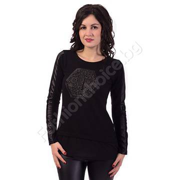 Черна дамска блуза фино плетиво с кожа, тюл и камъчета