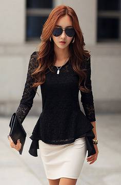 Черна дантелена блуза Peplum