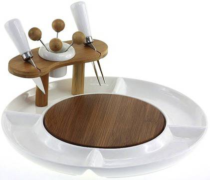 Комплект за сирена от порцелан с бамбуково плато