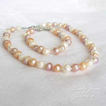 Комплект Естествени перли меланж, късо колие и гривна