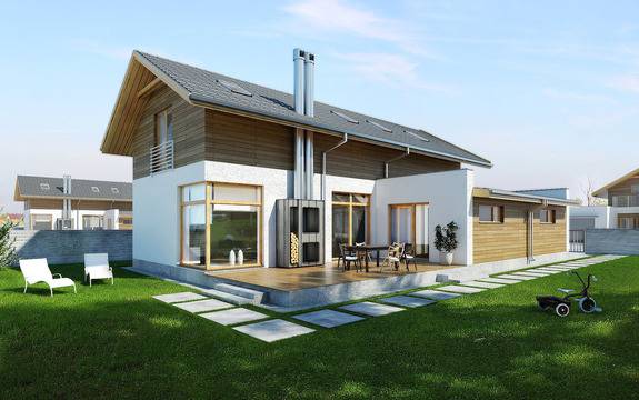 Двуетажна къща с дървена облицовка