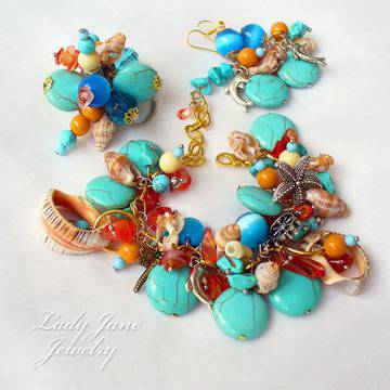 Комплект Синьо лято, гривна, обеци и пръстен