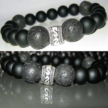 Мъжка гривна от естествени камъни Оникс и Вулканичен камък DM-359