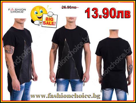 Мъжка черна тениска с кожа и цип в предната част