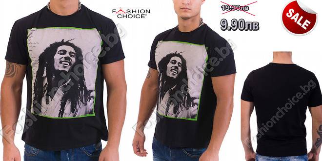 Памучна мъжка тениска в черно с щампа на BOB MARLEY