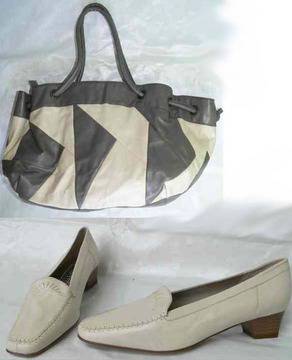 Комплект естествена кожа офис обувки и чанта в екрю