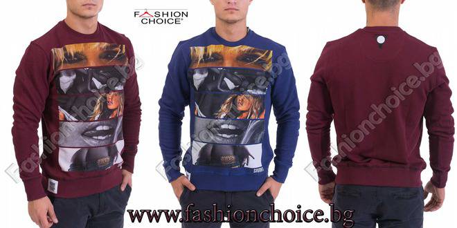 Памучна мъжка блуза с дълъг ръкав в бордо и синьо с щампа