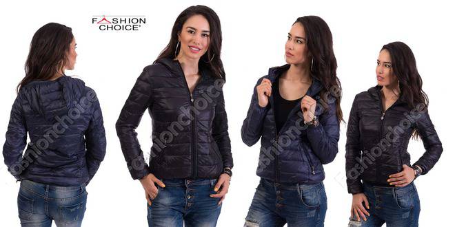 Топло дамско яке с качулка в два цвята и джобчета