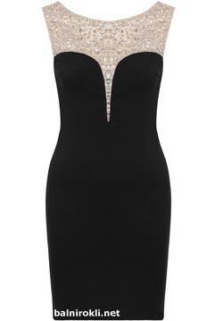 Елегантна Къса Черна Рокля Прозрачен Панел и Диаманти