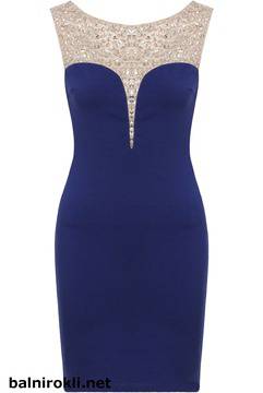 Елегантна Къса Синя Рокля Прозрачен Панел и Диаманти