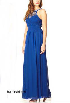 Бална Тъмносиня Официална Рокля Шифон с Камъни