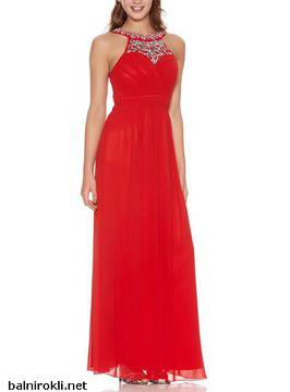 Бална Дълга Червена Рокля Шифон Декорация Камъни