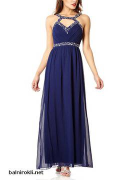 Бална Тъмносиня Дълга Официална Рокля Камъни Шифон