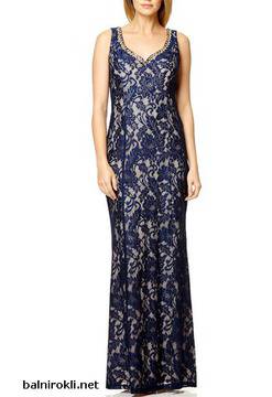 Дантелена Официална Дълга Рокля Тъмносин Цвят
