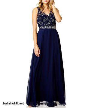 ВЕЧЕРНА ДЪЛГА ТЪМНОСИНЯ РОКЛЯ ДАНТЕЛА и ШИФОН