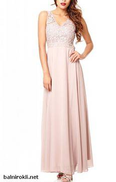 Елегантна Официална Дълга Рокля Шифон Дантела Цвят Мока