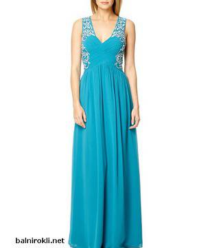 Вечерна Синя Дълга Рокля Шифон Бюстие Декорация