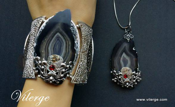 Топ луксозен винтидж комплект бижута с ахат гривна и колиета за жени