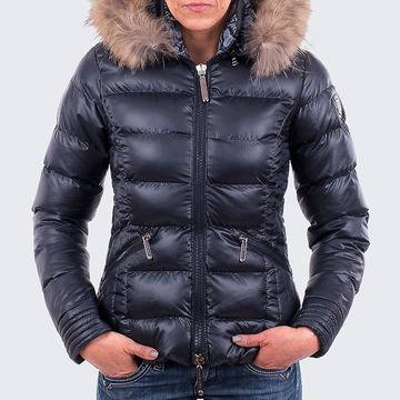 Тъмносиньо дамско яке с пухена качулка