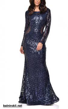 Блестяща Дълга Тъмносиня Рокля Ръкави Гол Гърб