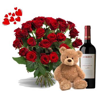 Доставка на букет от рози, мече и трюфели с панделка
