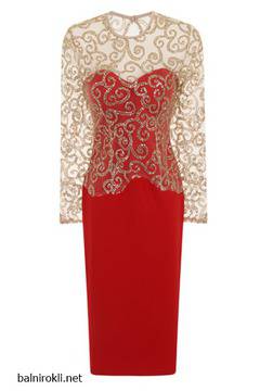 Елегантна Къса Червена Рокля Златисти Бродерии