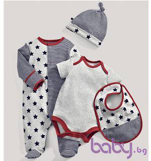 Mamas & Papas Бебешки комплект за изписване 4 части-гащеризон с дълъг ръкав, боди с къс ръкав, шапка и лигавник – 100% памук