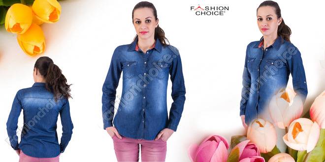 Дамска риза от деним с изтъркан ефект и джобчета