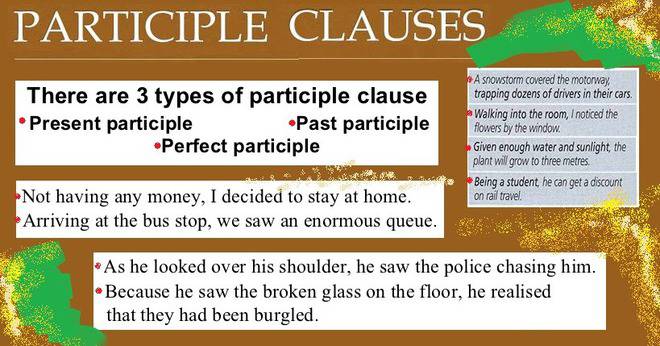 Английски език – самоучител за българи: Причастни изрази или конструкции (Participial Constructions or Participle Clauses).