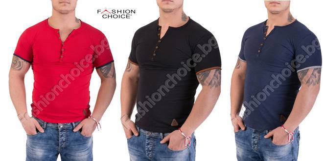 Мъжка тениска от памук в три цвята с копчета на яката