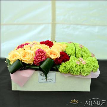 Кутии с цветя – Кутия с целозия, карамфил и рози – Доставка на Цветя и Букети за Сватба, Имен Ден, Рожден Ден и Абитуриентски…