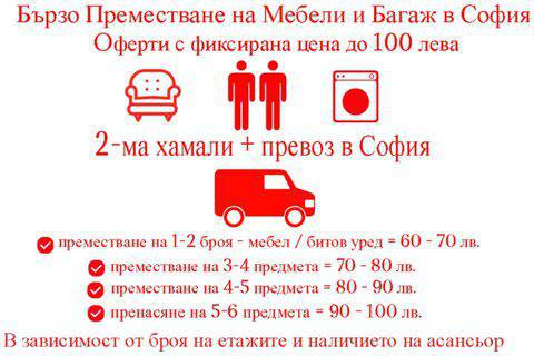 Преместване на мебели с 2-ма хамали в София до 100 лева